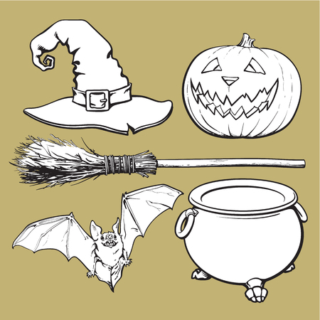 Witch accessories - pointed hat, caldron, jack o lantern, broom, bat, Halloween decoration elements, sketch vector illustration isolated on background.のイラスト素材