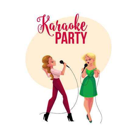 Karaoke party, contest banner, poster, postcard design with two girls, women singing together, cartoon vector illustration on white background.のイラスト素材