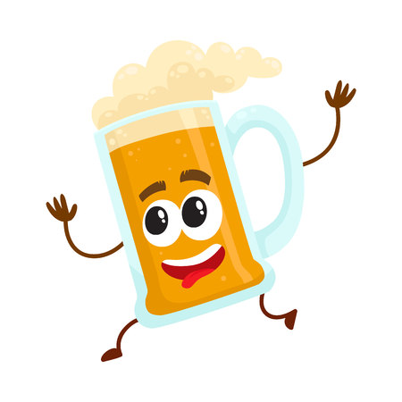 Cute and funny running lager beer mug character, mascotのイラスト素材