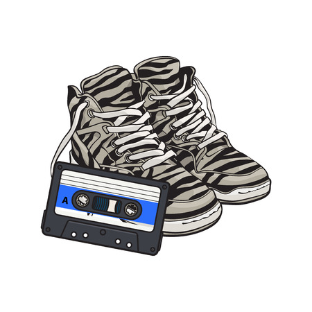 Pair of zebra sneakers and audio tape from 90s, retro style disco attributes, sketch vector illustration isolated on white background. Retro style sneakers and magnetic audio tape from ninetiesのイラスト素材