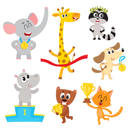 Cute little animal characters, champions, winners holding medals, cups, standing on pedestal, cartoon vector illustration isolated on a white background. Little baby animal champions with medals, cupsのイラスト素材