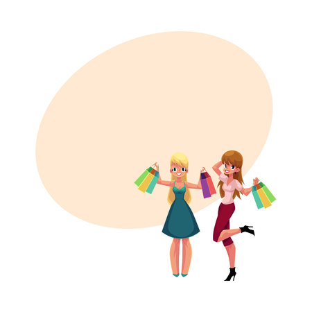 Two Happy Women Girls Friends With Shopping Bags Holiday Sale Concept Cartoon Vector Illustration With Space For Text Couple Of Girls Women With Shopping Bags Happy Shopping Concept موقع تصميمي