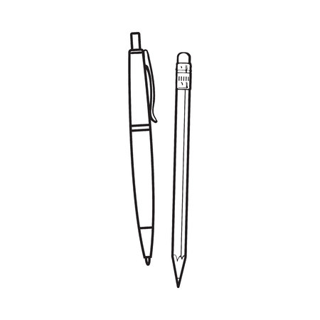 Simple hand drawn ball point pen and pencil, office supplies, black and white sketch style vector illustration isolated on white background. Realistic hand drawing of red school pen and graphite pencilのイラスト素材