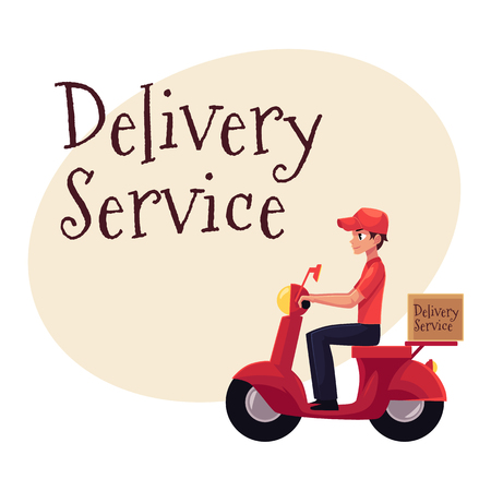 Delivery service banner with portrait worker riding scooter, motorcycle loaded with boxes, cartoon vector illustration isolated on white background, clipboard and packageのイラスト素材