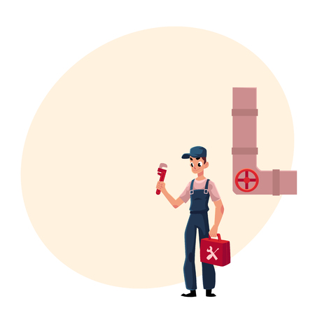 Plumbing specialist holding wrench and toolbox, ready to repair a sewer pipe, cartoon vector illustration with space for text. Plumber, plumbing specialist, repairman with wrench a toolboxのイラスト素材
