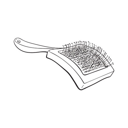Pet, cat, dog hair brush, grooming accessory, black and white sketch style vector illustration isolated on white background. Hand drawn illustration of brush, grooming tool for pet, dog, cat careのイラスト素材