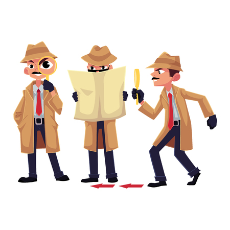 Detective character with magnifying glass, sleuthing, disguising, cartoon vector illustration isolated on white background. Funny detective character setのイラスト素材