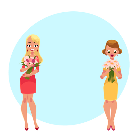 Two beautiful blond women, girls standing, holding bunches of flowers, cartoon vector illustration with space for text.のイラスト素材