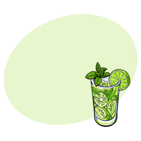 Tall glass full of freshly squeezed cold lime juice with ice and straw, sketch style vector illustration with space for text. Alcoholic cocktail with limeのイラスト素材