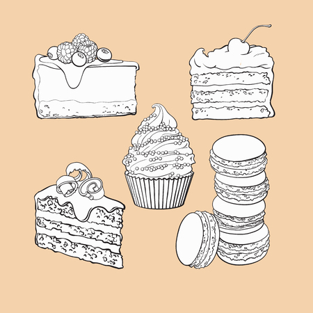 black and white Dessert collection - cupcake, chocolate and vanilla cake, cheesecake, macaroons, sketch vector illustration isolated on color background. Hand drawn sweet dessertsのイラスト素材