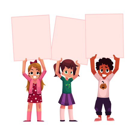 Three kids, black and Caucasian, holding blank empty posters over head, cartoon vector illustration isolated on white background. Three little kids, children holding empty, blank posters, boardsのイラスト素材