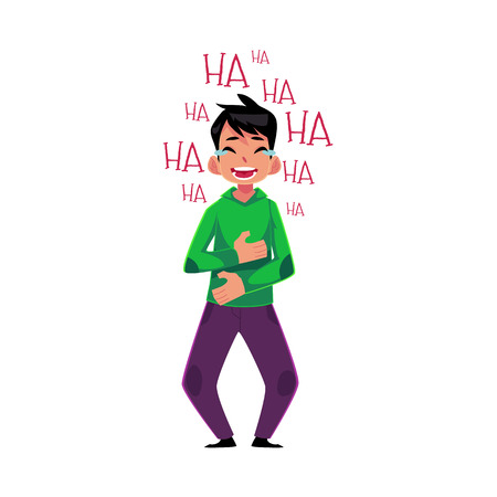 Young man laughing out loud, crying from laughter holding stomach, cartoon vector illustration isolated on white background. Full length portrait of young man bursting with laughter, laughing to tearsのイラスト素材