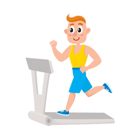 Young man running on treadmill, training in gym, doing sport exercises, cartoon vector illustration isolated on white background. Cartoon man, guy running on treadmill, doing cardio in gymのイラスト素材