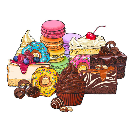 Pile, heap of various cakes, sweets, donuts, macaroons and other desserts and pastries, sketch vector illustration isolated on white background. Group of various pastries, cakes and dessertsのイラスト素材