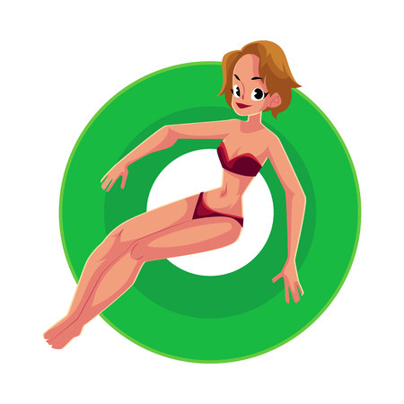 Young pretty girl, woman in bikini swimming on floating inflatable ring, top view cartoon vector illustration isolated on white background. Young happy woman, girl floating on inflatable ringのイラスト素材