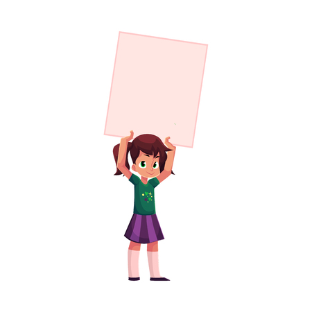 Little girl, child, kid holding blank empty poster, board, message or presentation element, cartoon vector illustration isolated on white background. Little girl holding empty, blank poster over headのイラスト素材