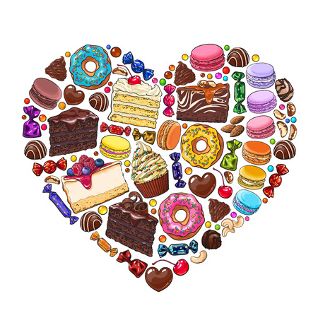 Heart made of cakes, sweets, candies, macaroons, nuts, donuts and other desserts and pastries, sketch vector illustration isolated on white background. Heart formed by pastries, candies and dessertsのイラスト素材