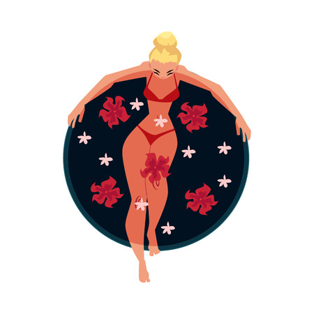 Woman taking bath, relaxing in round outdoor bathtub with tropical flowers, cartoon vector illustration on white background. Woman getting bath, relaxing in spa, top view cartoon illustrationのイラスト素材