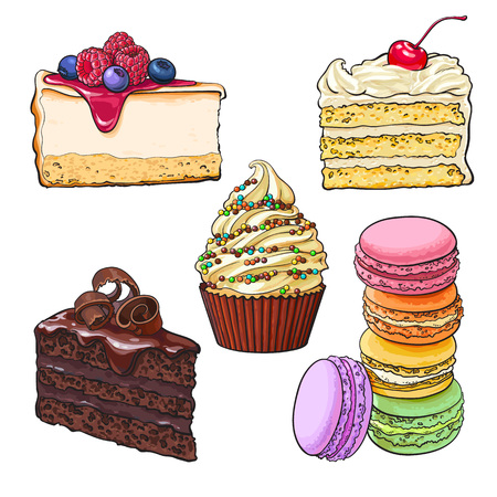 Dessert collection - cupcake, chocolate and vanilla cake, cheesecake, macaroons, sketch vector illustration isolated on white background. Hand drawn desserts - cakes, cupcake, cheesecake, macaroonsのイラスト素材