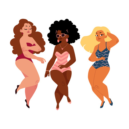 Three plump, curvy women, girls, plus size models in swimming suits, top view cartoon vector illustration isolated on white background. Beautiful plump, overweight women, girls in swimming suitsのイラスト素材