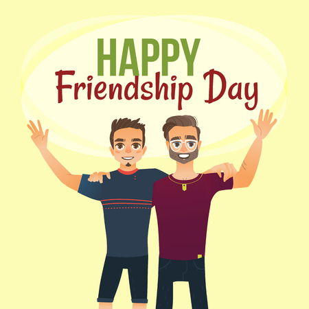Happy friendship day greeting card design with two men, friends hugging each other, cartoon vector illustration on white background. Half length portrait of male friends, friendship day greeting cardのイラスト素材