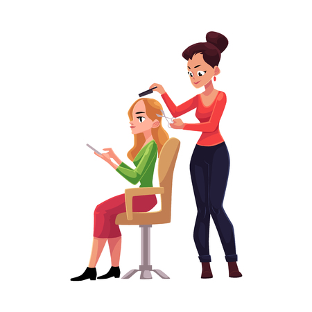 Hairdresser cutting hair, making haircut for blond woman who uses smartphone meanwhile, cartoon vector illustration isolated on white background. Hairdresser woman making haircut for her clientのイラスト素材