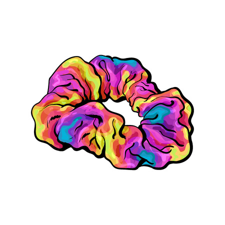 Scrunchy, elastic fabric covered hair tie, fashion accessory from 90s, sketch vector illustration isolated on white background. Colorful fabric covered hair tie, band, scrunchie, popular item from 90sのイラスト素材