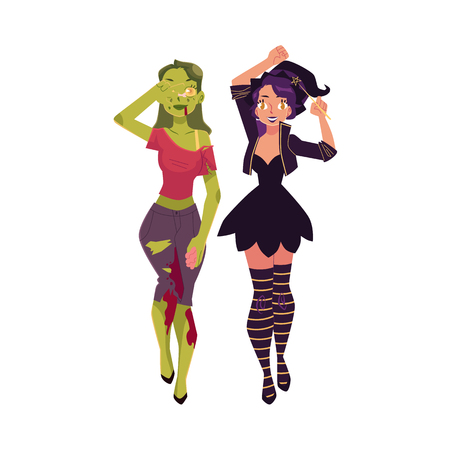 Two pretty girls, women dressed for Halloween - as witch and zombie, cartoon vector illustration isolated on white background. Two women, girls dressed as witch and zombie, Halloween party costumesのイラスト素材