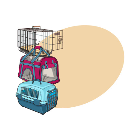 Three type of pet carrier, transport bag, plastic case, metal wire, sketch vector illustration with space for text.のイラスト素材