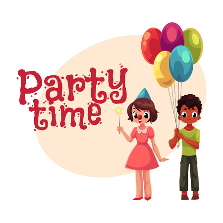 Black Boy With Bunch Of Balloons And Caucasian Girl In Birthday