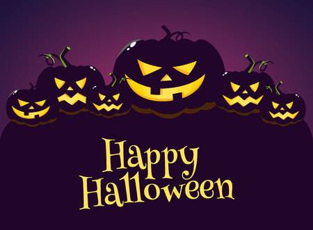 Happy Halloween greeting card, poster, banner design with dark pumpkin in night, cartoon vector illustration. Halloween greeting cardwith grim pumpkinのイラスト素材