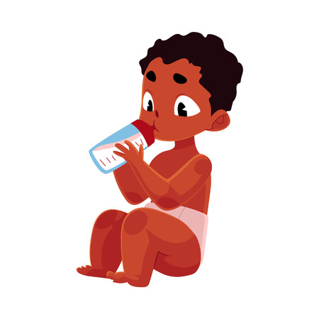Cute little black, African American baby in diaper holding milk bottle, eating, cartoon vector illustration isolated on white background. Black, African American little baby in diaper with milk bottleのイラスト素材