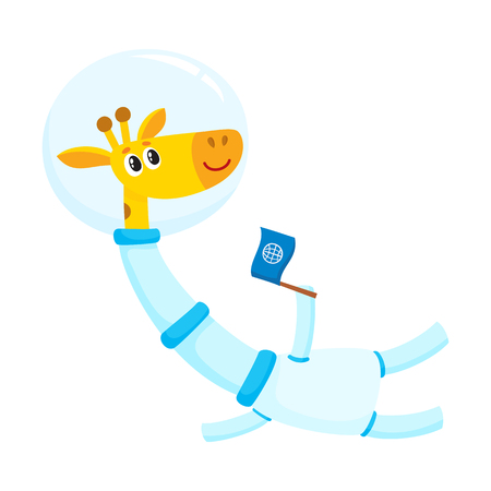 Cute giraffe astronaut, spaceman character wearing space suit, holding a flag, cartoon vector illustration isolated on white background. Funny giraffe astronaut, spaceman floating in open spaceのイラスト素材