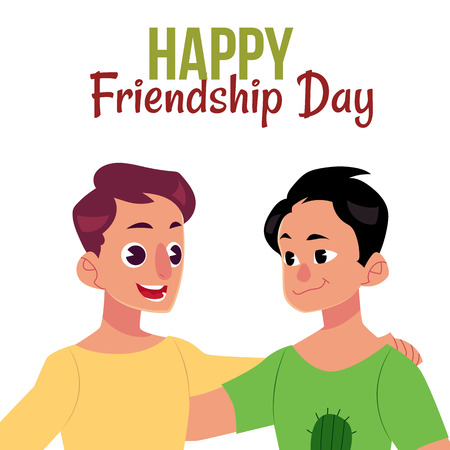 Happy friendship day greeting card design with two men, friends hugging each other, cartoon vector illustration on white background. Half length portrait of male friends, friendship day greeting cardのイラスト素材