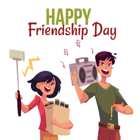 Happy friendship day greeting card design with friends hurrying to a party, fetching beer, music, making selfie, cartoon style vector illustration isolated on white background.のイラスト素材