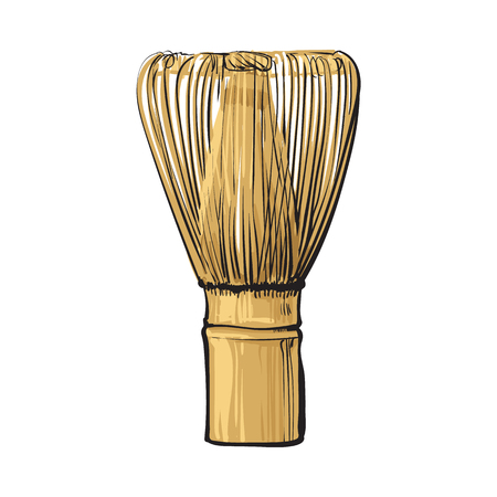 Side view drawing of wooden whisk for matcha green tea preparation, sketch style vector illustration isolated on white background. Realistic hand drawing of bamboo whisk for matcha green teaのイラスト素材