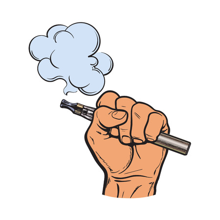 Male hand holding e-cigarette, electronic cigarette, vapor with smoke coming out, sketch vector illustration isolated on white background. Drawing of hand holding electronic cigarette, vapor and smokeのイラスト素材