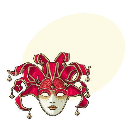 Decorated Venetian carnival, jester mask with bells and golden glitter, sketch style vector illustration with space for text. Realistic hand drawing of carnival, Venetian mask with bellsのイラスト素材