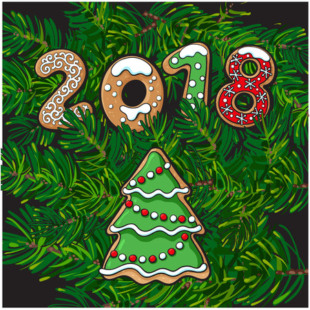 2018 Christmas, New Year greeting card design with Xmas tree gingerbread cookie, sketch vector illustration on on fir tree branches background. 2018 New Year greeting card with gingerbread cookieのイラスト素材