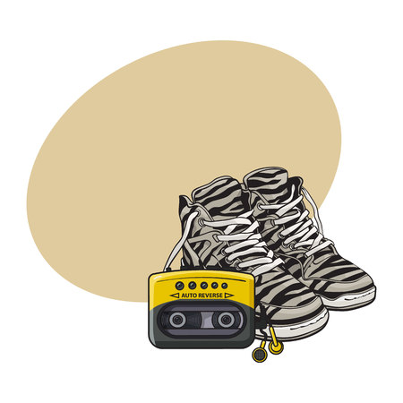 Pair of zebra sneakers and audio player from 90s, retro fashion icons, sketch vector illustration with space for text. Retro style sneakers and audio player, walkman from ninetiesのイラスト素材
