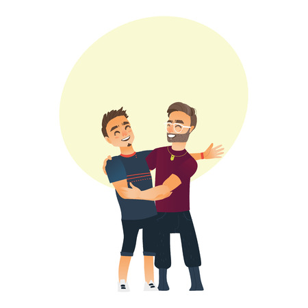 Male friendship - two boys, men, friends hugging each others, waving, cartoon vector illustration with space for text.のイラスト素材