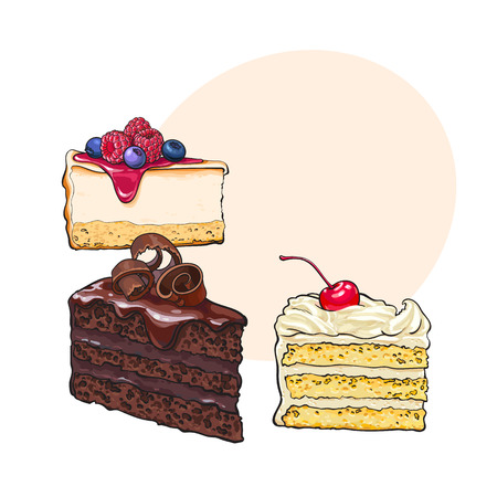 Hand drawn desserts - pieces, slices of cheesecake and layered vanilla cake, sketch style vector illustration with space for text.のイラスト素材