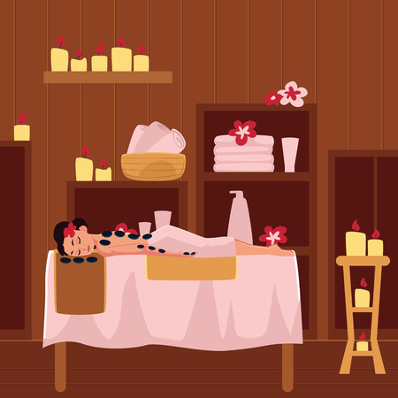 Young woman getting hot stone therapy in spa salon, lying on massage table, cartoon vector illustration. Woman getting hot stone massage procedure in spa salon, lying on massage table in spa salonのイラスト素材