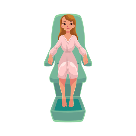 Woman getting foot bath in spa salon, sitting in lounge chair, wearing bath robe, cartoon vector illustration on white background. Woman getting foot bath in spa, front view full length portraitのイラスト素材