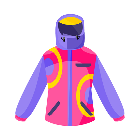 Skiing, hiking, winter sport down jacket, flat style vector illustration isolated on white background. Flat vector skiing, hiking, sport down, puffer jacket, colorful illustrationのイラスト素材