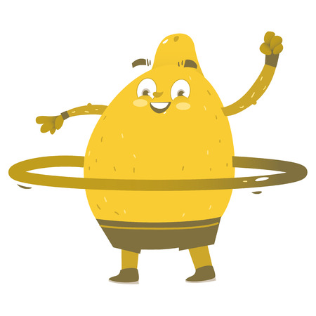 Funny lemon character doing sport exercises, comic, cartoon vector illustration isolated on white background. Funny lemon hero, character twirling around waist, doing sportのイラスト素材