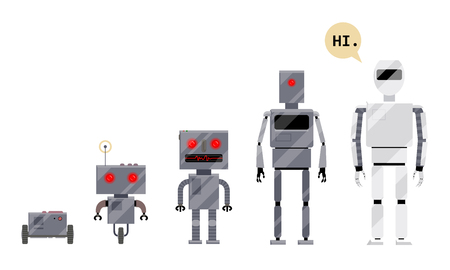 Evolution of robots, stages of development, cartoon vector illustration isolated on white background. Evolution of robots from simple metal box machinery to modern, cartoon style setのイラスト素材