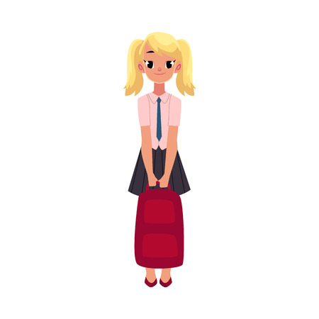 Student, pupil, girl in school uniform holding backpack, cartoon vector illustration isolated on white background. School girl, schoolgirl, student, pupil in uniform, full length portraitのイラスト素材
