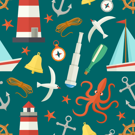 Seamless pattern with flat cartoon nautical elements - lighthouse, anchor, compass, ship, rope, seagull, bell, telescope, vector illustration on sea green background. Nautical seamless patternの写真素材