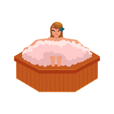 Woman getting foam bath in spa salon, relaxing in big round bathtub, cartoon vector illustration on white background. Woman getting foam bath in spa, front view cartoon illustrationのイラスト素材